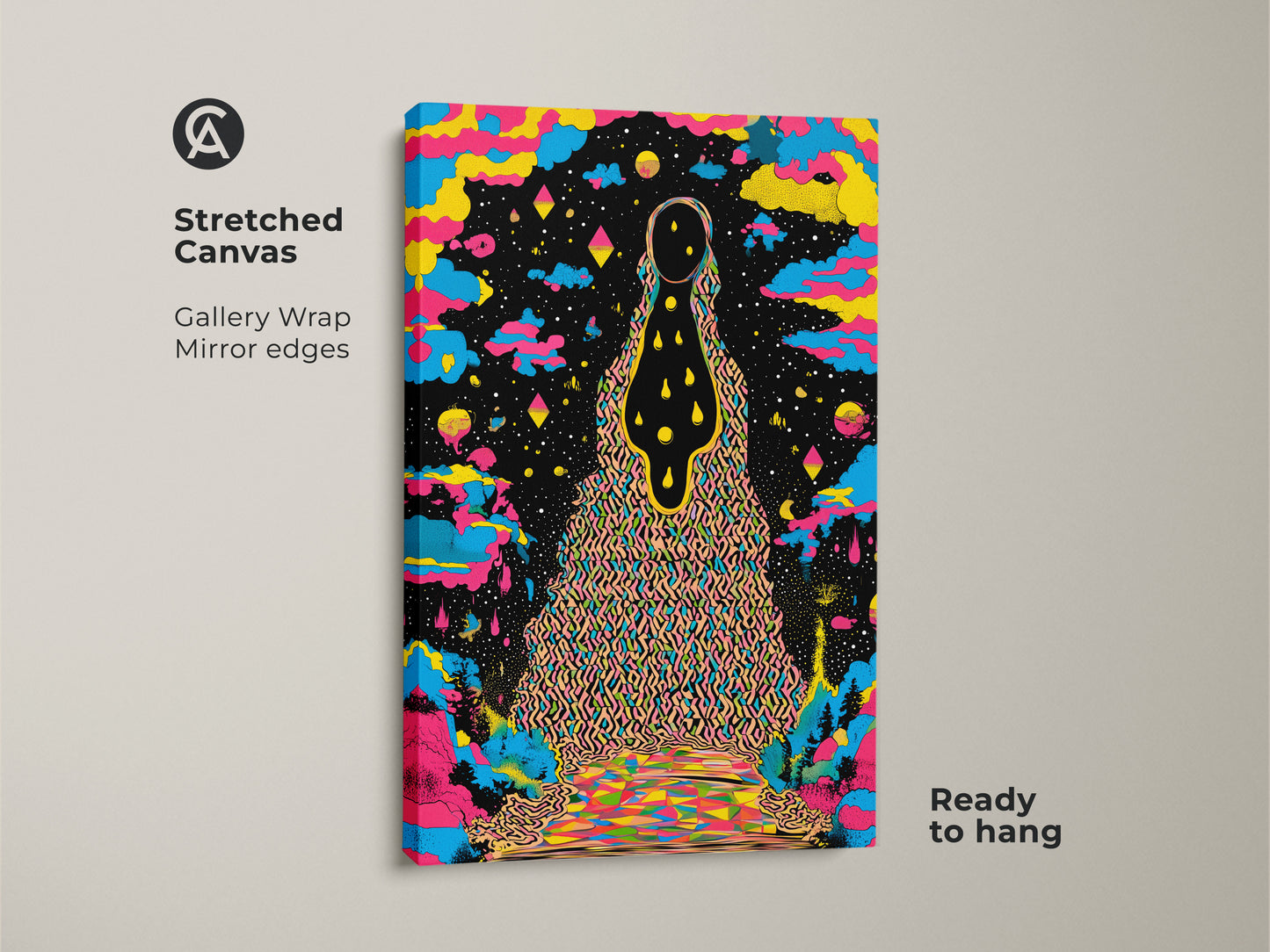 Stretched canvas of psychedelic wall art with gallery wrapped mirror edges. The abstract landscape print showcases surreal cosmic art. This colorful figure art is ready to hang making it ideal for eclectic bedroom decor.  The yellow blue and black canvas art adds a unique vibrant touch to any space. A perfect birthday gift for the art lover.