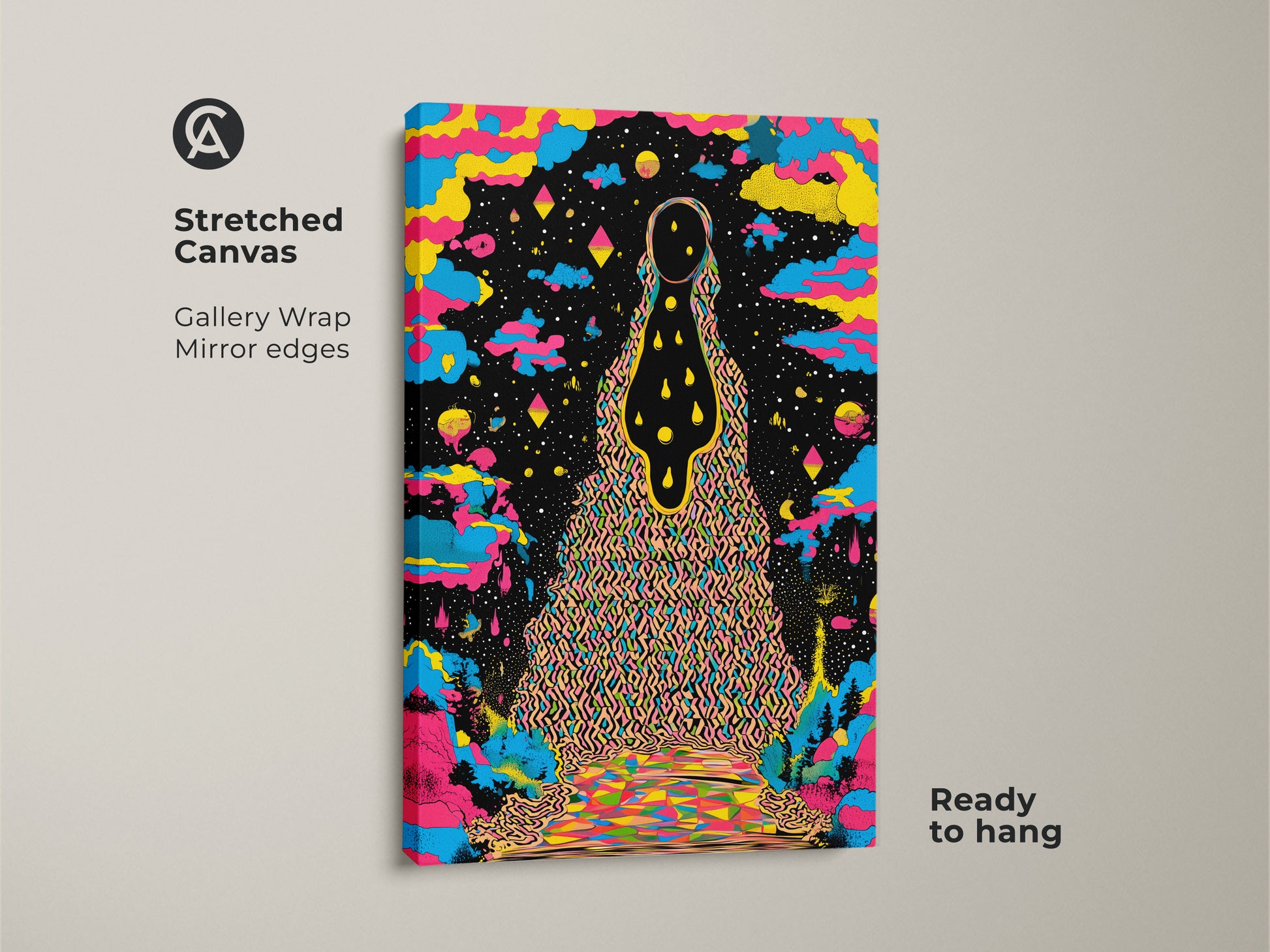 Stretched canvas of psychedelic wall art with gallery wrapped mirror edges. The abstract landscape print showcases surreal cosmic art. This colorful figure art is ready to hang making it ideal for eclectic bedroom decor.  The yellow blue and black canvas art adds a unique vibrant touch to any space. A perfect birthday gift for the art lover.
