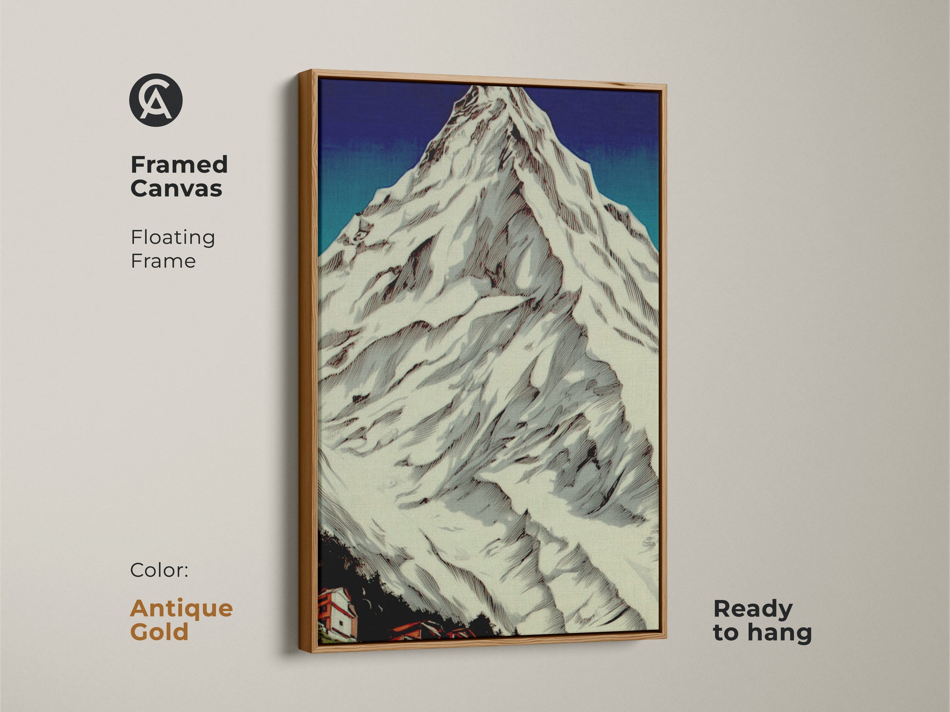 Framed canvas in antique gold showcasing Snowy Peaks art. The vintage mountain print is ready to hang. It is perfect for mountain cabin art. This linocut landscape enhances nature wall hanging. This outdoor lover gift will look great.