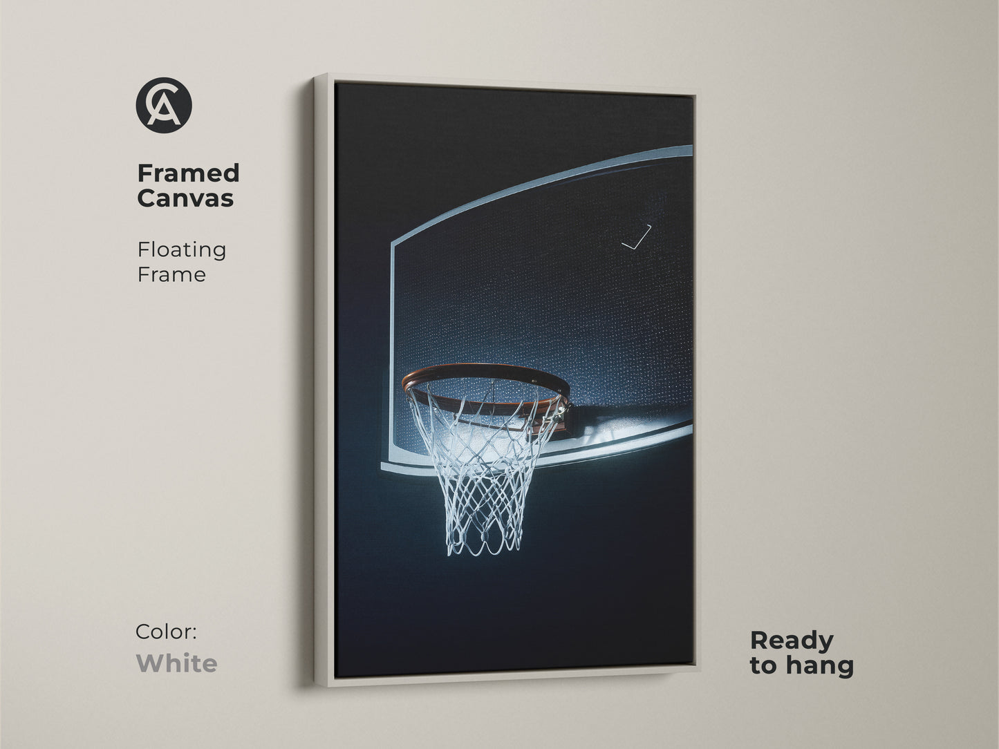 Framed canvas featuring a basketball hoop. The floating frame is white. Ready to hang. Minimalist sports art with a black blue net. Perfect for adding a modern touch to any room. Great gift for sports fans and hoopers.