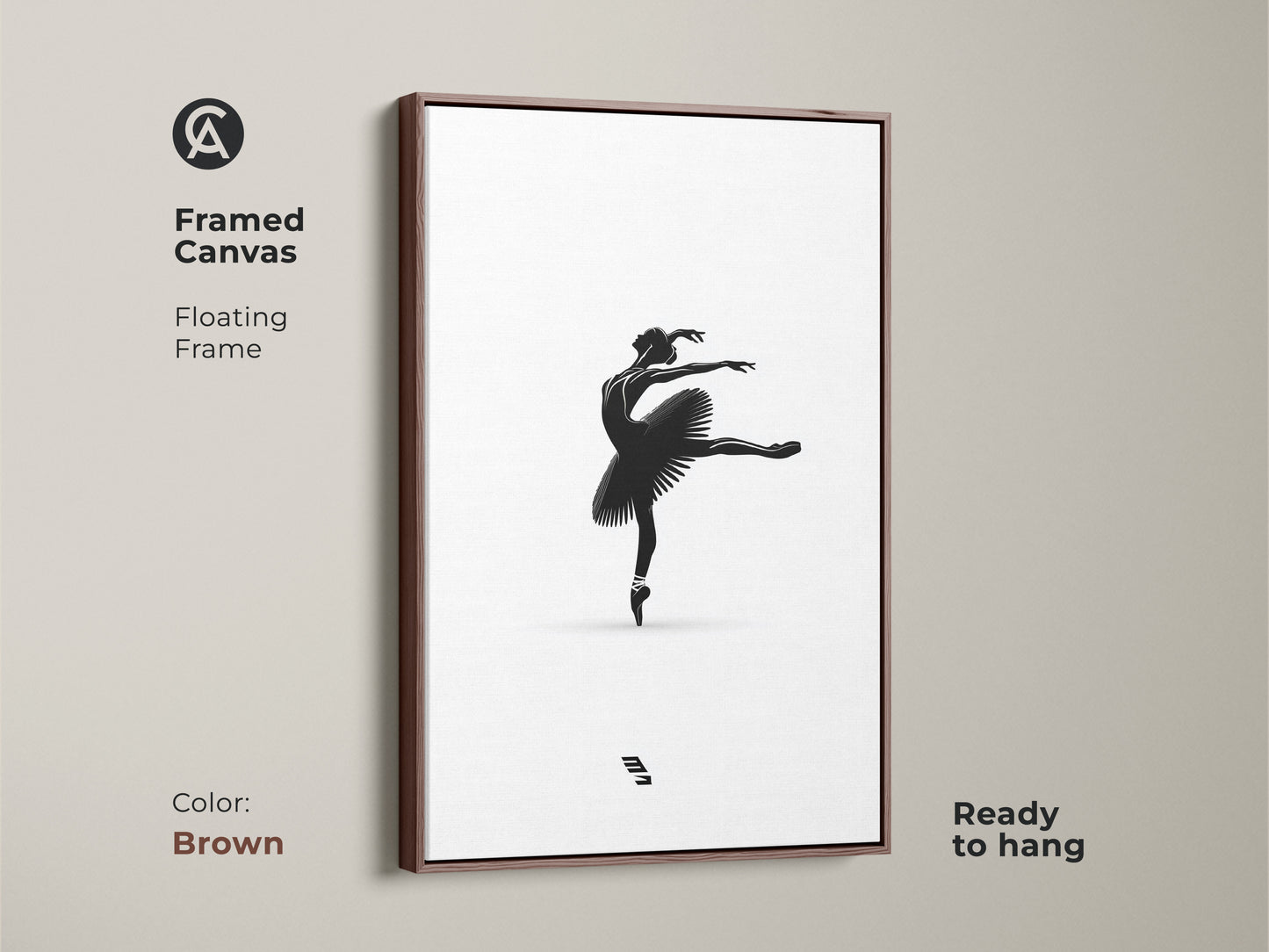 Framed canvas showcasing minimalist ballerina artwork in a brown floating frame. Black and white dancer print. Elegant ballet pose wall art that is ready to hang. Modern monochrome artwork. Ideal bedroom wall decor