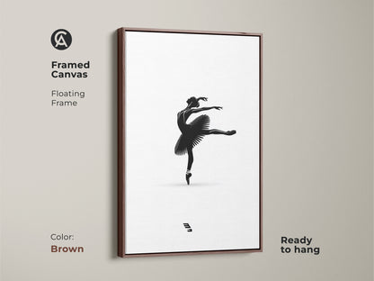 Framed canvas showcasing minimalist ballerina artwork in a brown floating frame. Black and white dancer print. Elegant ballet pose wall art that is ready to hang. Modern monochrome artwork. Ideal bedroom wall decor