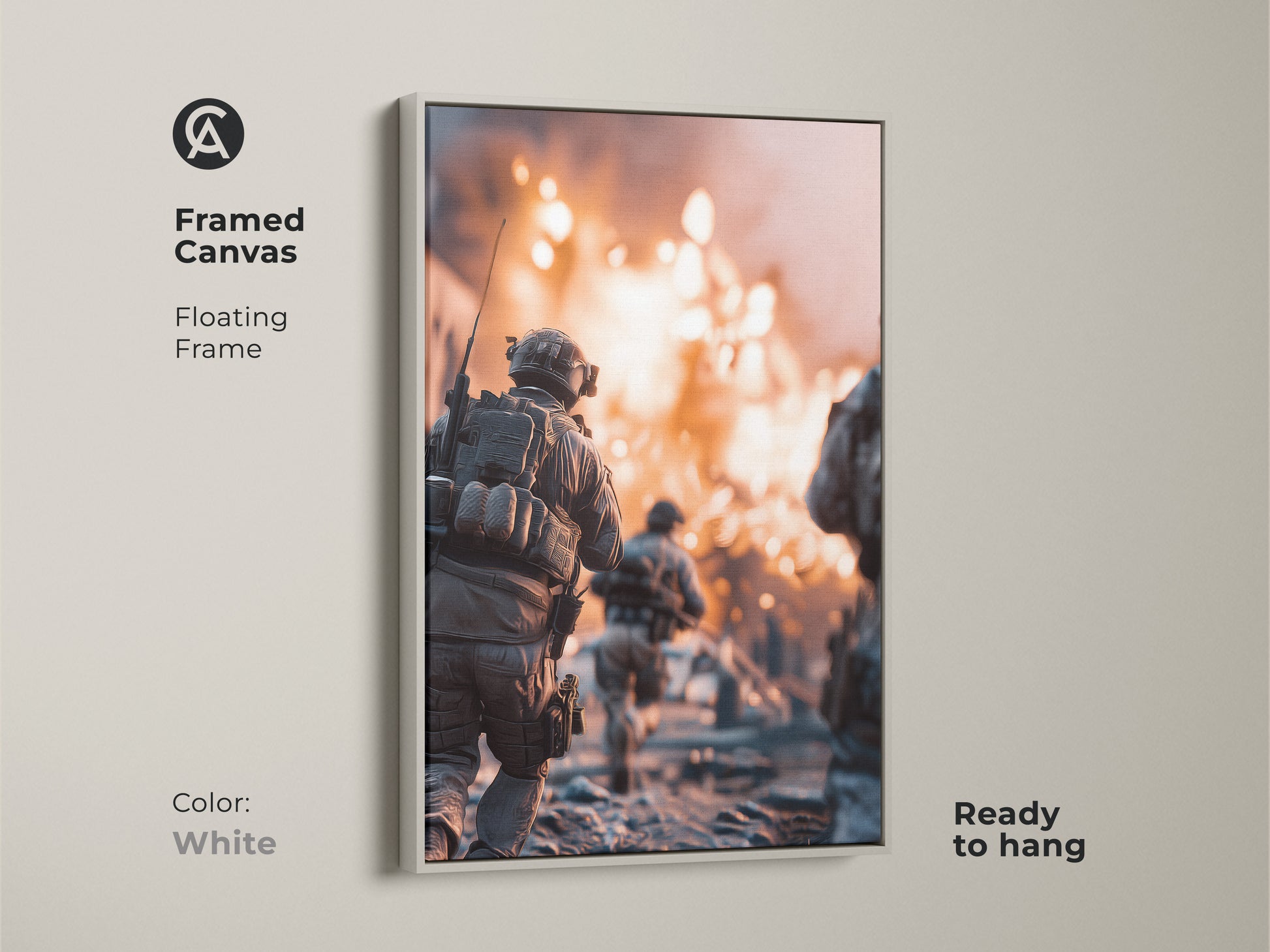A framed canvas features military action art. A soldier runs through an explosion. With a white frame this gritty cinematic artwork is ready to hang. The white frame enhances this powerful military decor for an office or man cave.