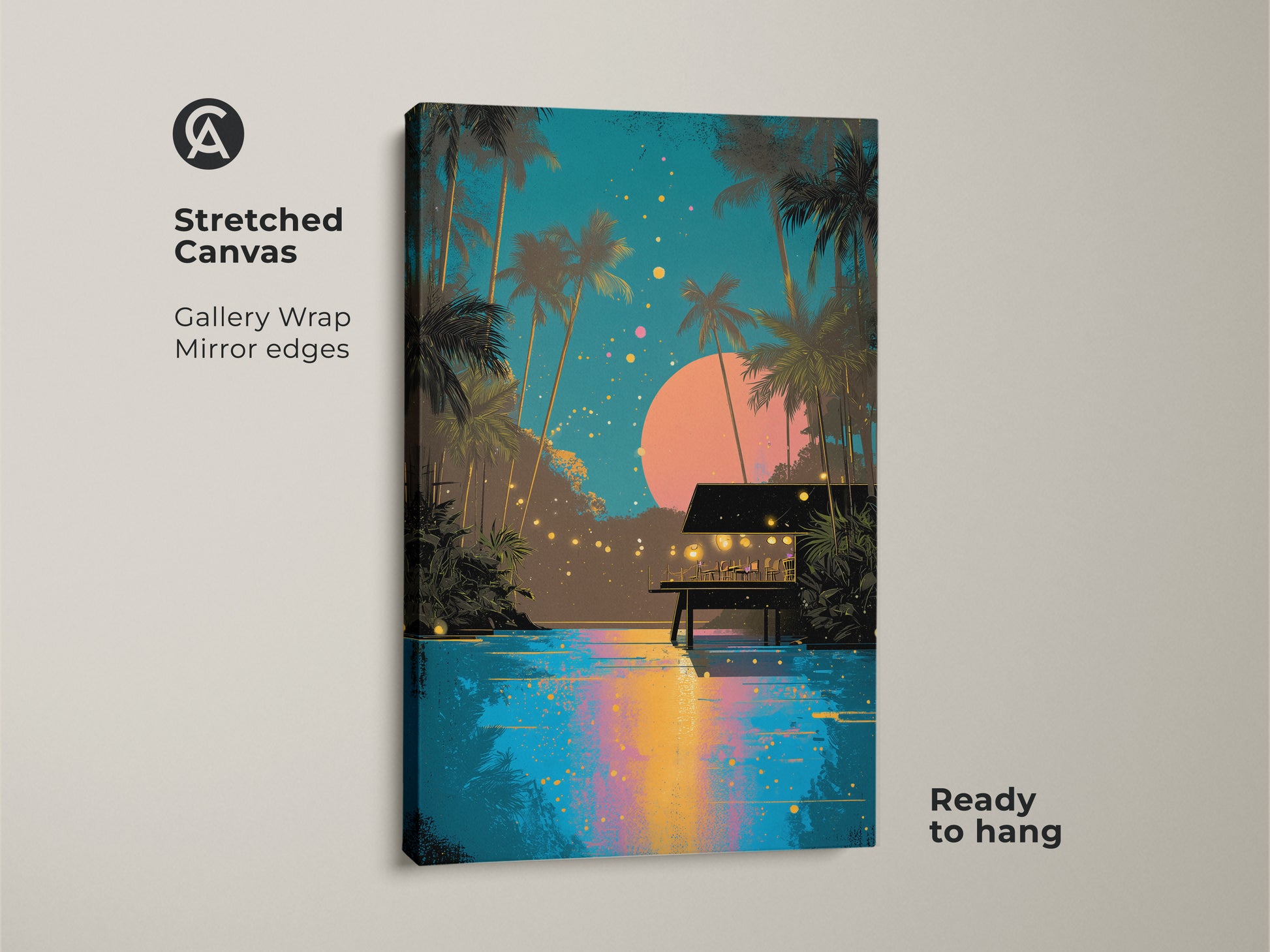 Stretched canvas print of retro tropical art showcasing palm trees a beach hut and a night sky. The gallery wrap and mirror edges enhance the boho coastal home decor style. Ready to hang this teal and pink landscape brings a vacation vibe