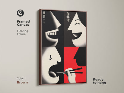 The Framed Canvas version of our Faces & Chopsticks Canvas Print is ready to hang. The floating frame comes in brown. It's minimalist dining room decor. The Asian inspired art is a perfect housewarming gift. This adds bold color to your wall.
