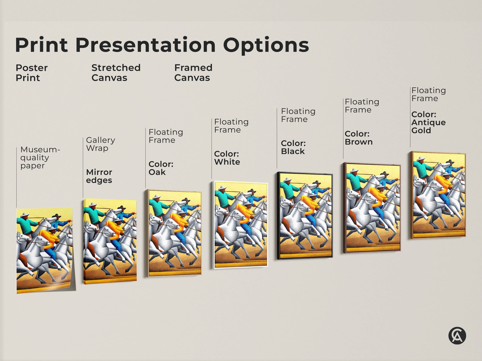 Explore stippled figurative western horse & rider canvas print presentation options. Choose poster print stretched canvas or framed canvas. Personalize your eclectic teal yellow orange wall art to match your taste. Find the perfect animal action canvas art for your home or office.