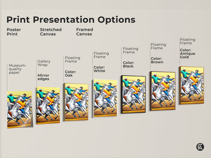 Explore stippled figurative western horse & rider canvas print presentation options. Choose poster print stretched canvas or framed canvas. Personalize your eclectic teal yellow orange wall art to match your taste. Find the perfect animal action canvas art for your home or office.