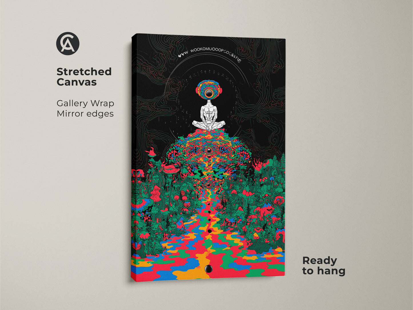 Stretched canvas art features a meditating figure in a psychedelic mushroom forest. This gallery wrap with mirror edges showcases trippy surrealism. Indigo green abstract print is ready to hang as eclectic office decor.