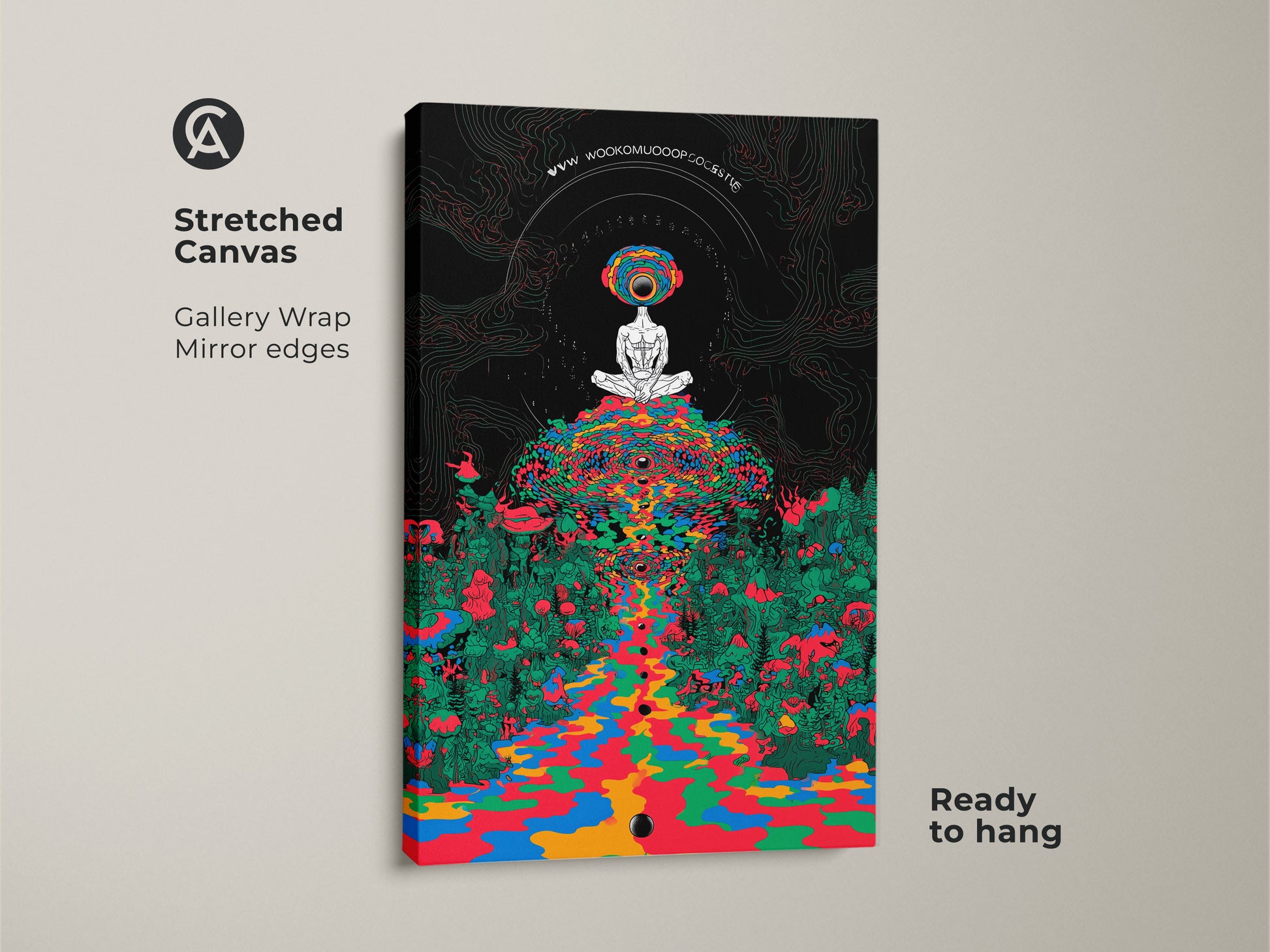 Stretched canvas art features a meditating figure in a psychedelic mushroom forest. This gallery wrap with mirror edges showcases trippy surrealism. Indigo green abstract print is ready to hang as eclectic office decor.