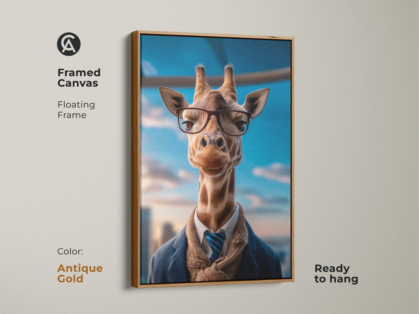 Brighten your space with this Eclectic Giraffe Wall Art with a white frame. The artwork features a giraffe wearing glasses and a suit. Perfect as animal-themed office decor. This tan brown and blue animal portrait adds sophistication to any room. Ready to hang for instant elegance.
