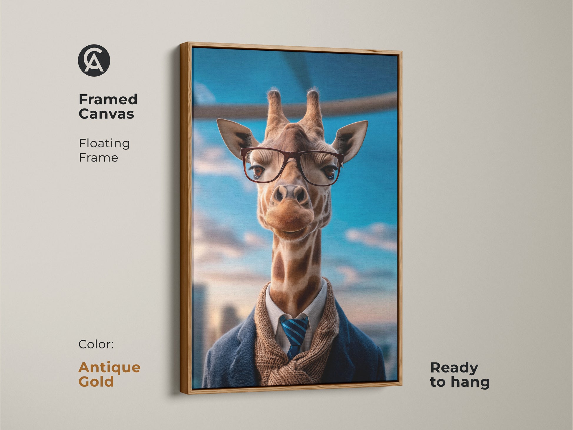 Brighten your space with this Eclectic Giraffe Wall Art with a white frame. The artwork features a giraffe wearing glasses and a suit. Perfect as animal-themed office decor. This tan brown and blue animal portrait adds sophistication to any room. Ready to hang for instant elegance.