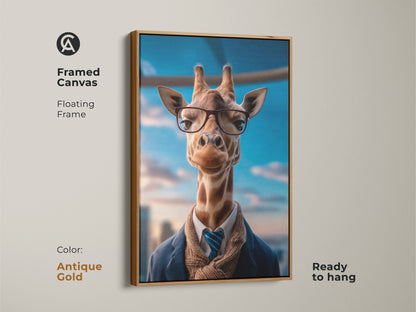 Brighten your space with this Eclectic Giraffe Wall Art with a white frame. The artwork features a giraffe wearing glasses and a suit. Perfect as animal-themed office decor. This tan brown and blue animal portrait adds sophistication to any room. Ready to hang for instant elegance.