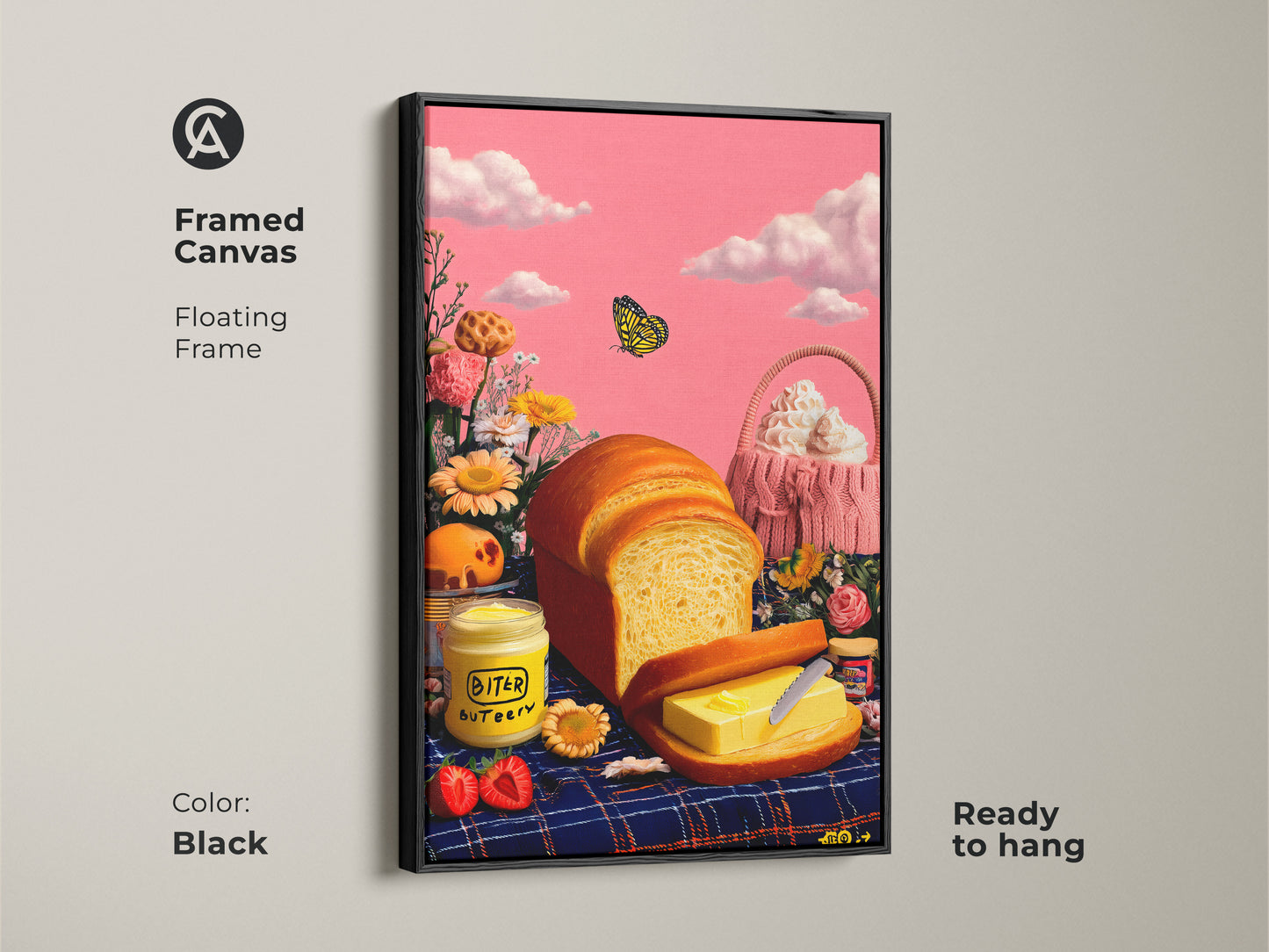 Framed canvas featuring surreal bread and butter artwork that's ready to hang. The floating frame shown in black. This whimsical kitchen art shows a pink sky and a yellow butterfly.