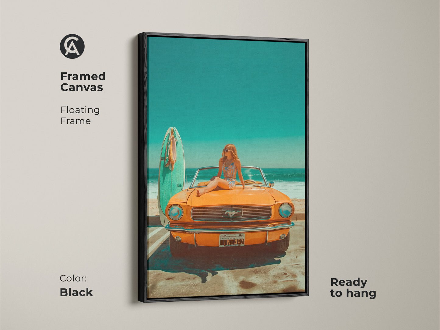 Black framed canvas art featuring a woman sitting on a vintage orange Mustang parked by the beach. The floating frame adds a touch of elegance. Ready to hang this artwork brings a summer vibe to any room. Perfect for car enthusiasts and beach lovers. Add a touch of nostalgia to your home decor.