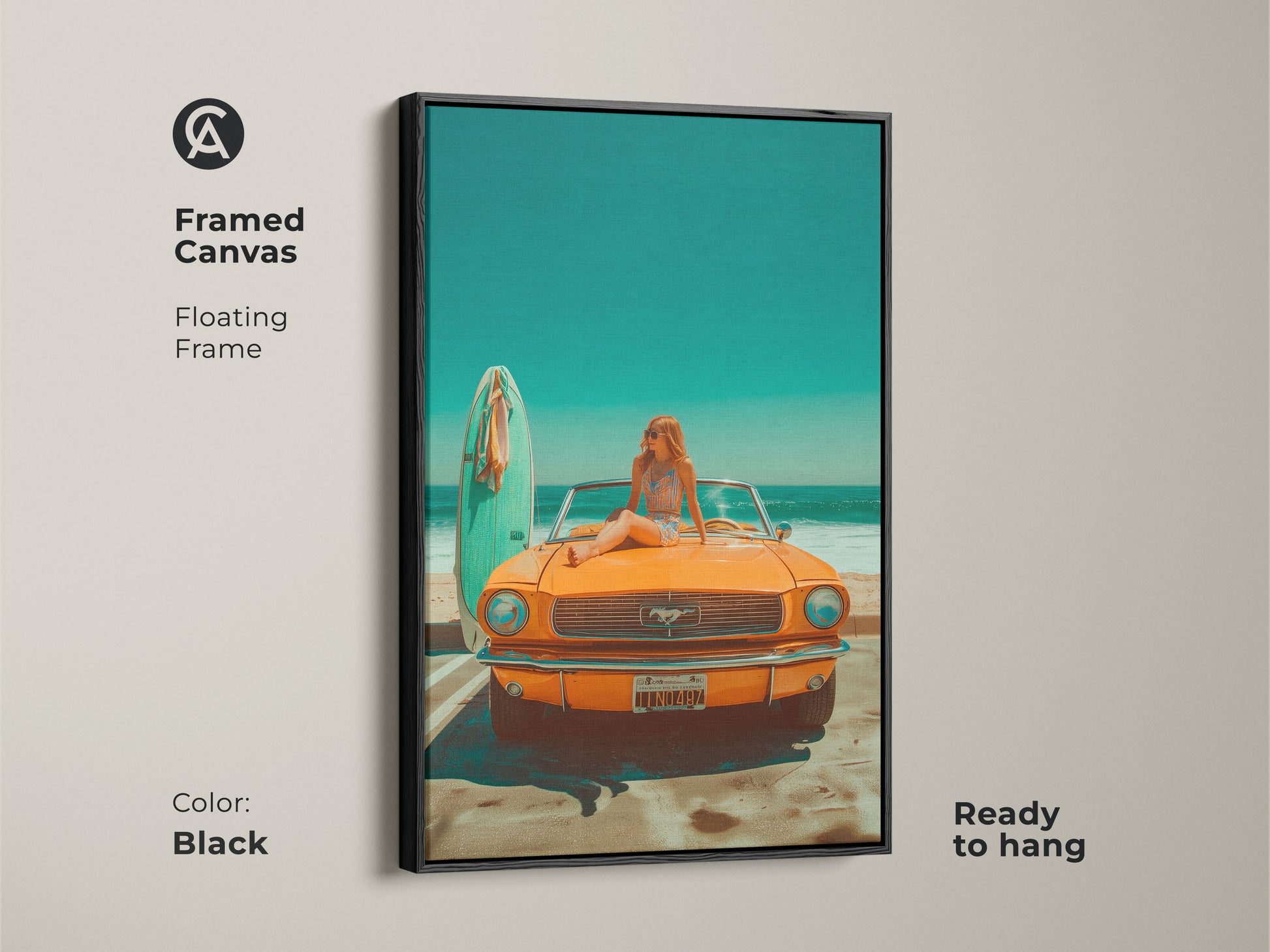 Black framed canvas art featuring a woman sitting on a vintage orange Mustang parked by the beach. The floating frame adds a touch of elegance. Ready to hang this artwork brings a summer vibe to any room. Perfect for car enthusiasts and beach lovers. Add a touch of nostalgia to your home decor.