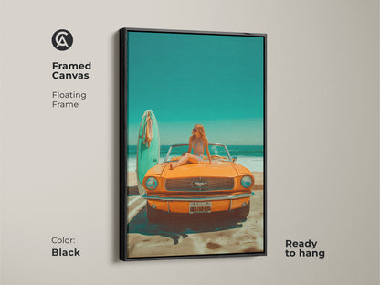 Black framed canvas art featuring a woman sitting on a vintage orange Mustang parked by the beach. The floating frame adds a touch of elegance. Ready to hang this artwork brings a summer vibe to any room. Perfect for car enthusiasts and beach lovers. Add a touch of nostalgia to your home decor.
