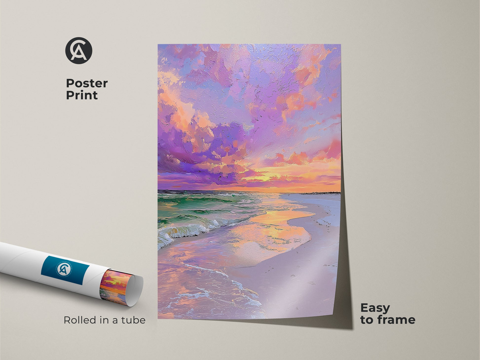A rolled poster print of a pink and purple sunset over the ocean. This coastal beach wall art is easy to frame. The impressionistic seascape canvas is rolled in a tube for protection. Great gift for ocean lovers.