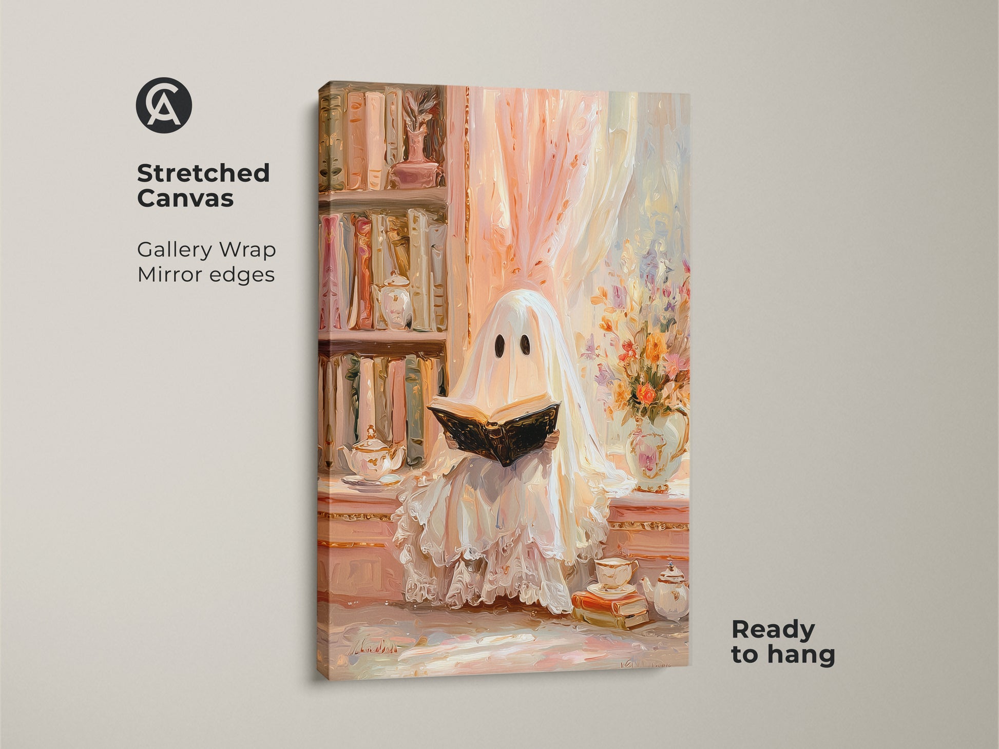 Stretched canvas of a ghost reading wall art. This pastel ghost art print is ready to hang. It features a cozy study room decor in an eclectic home. A unique Halloween gift for her. This bookshelf art print in cream peach adds a touch of vintage style and whimsy. Perfect for book lovers.
