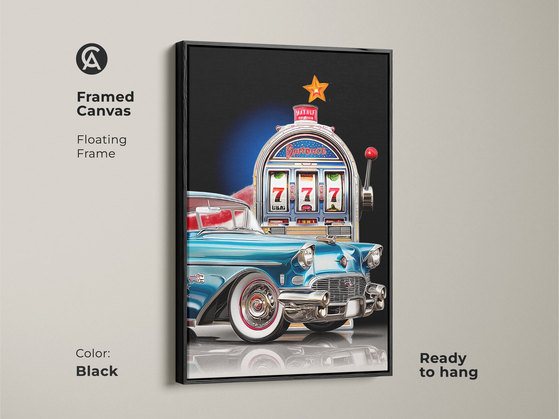 This framed canvas art showcases a teal vintage car and slot machine art. This mid-century modern piece is ready to hang with a floating black frame. This artwork is a stylish addition to a man cave or home bar. Perfect gift for Father's Day.