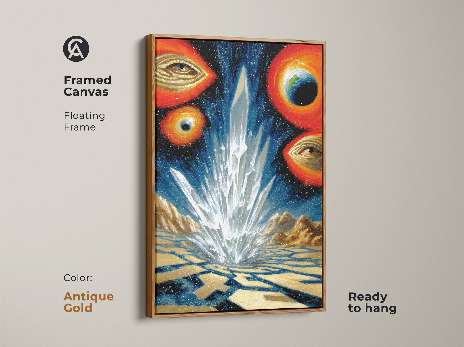 This framed canvas features surreal crystal landscape art with cosmic space eyes and earth in antique gold. This abstract celestial artwork with a floating frame is ready to hang. Perfect as a unique home decor gift blending cosmic themes with abstract visuals.