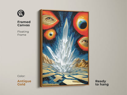 This framed canvas features surreal crystal landscape art with cosmic space eyes and earth in antique gold. This abstract celestial artwork with a floating frame is ready to hang. Perfect as a unique home decor gift blending cosmic themes with abstract visuals.