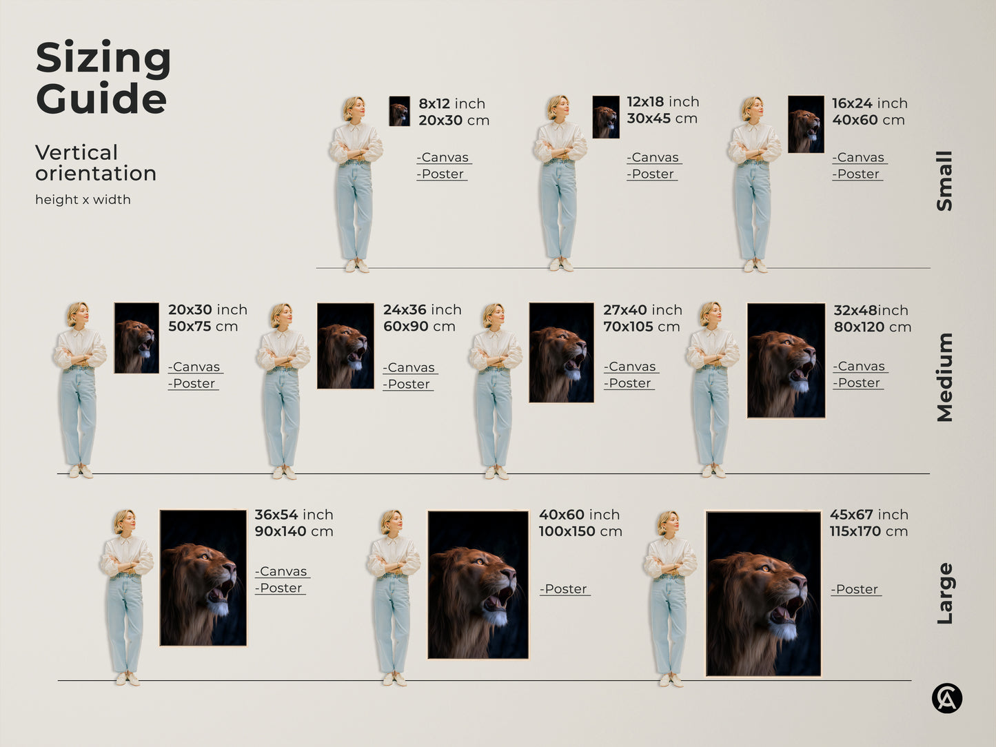 Sizing guide for vertical photorealistic lion artwork. Available as canvas and poster prints. Find the perfect fit for your space from small to large. Sizes range from 8x12 to 45x67 inches. Enhance your eclectic home with this wildlife animal art.