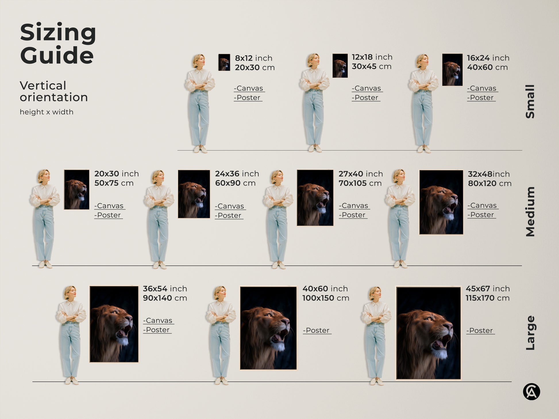 Sizing guide for vertical photorealistic lion artwork. Available as canvas and poster prints. Find the perfect fit for your space from small to large. Sizes range from 8x12 to 45x67 inches. Enhance your eclectic home with this wildlife animal art.