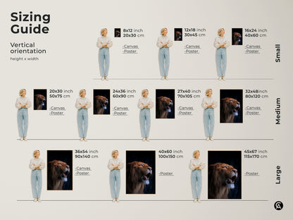 Sizing guide for vertical photorealistic lion artwork. Available as canvas and poster prints. Find the perfect fit for your space from small to large. Sizes range from 8x12 to 45x67 inches. Enhance your eclectic home with this wildlife animal art.