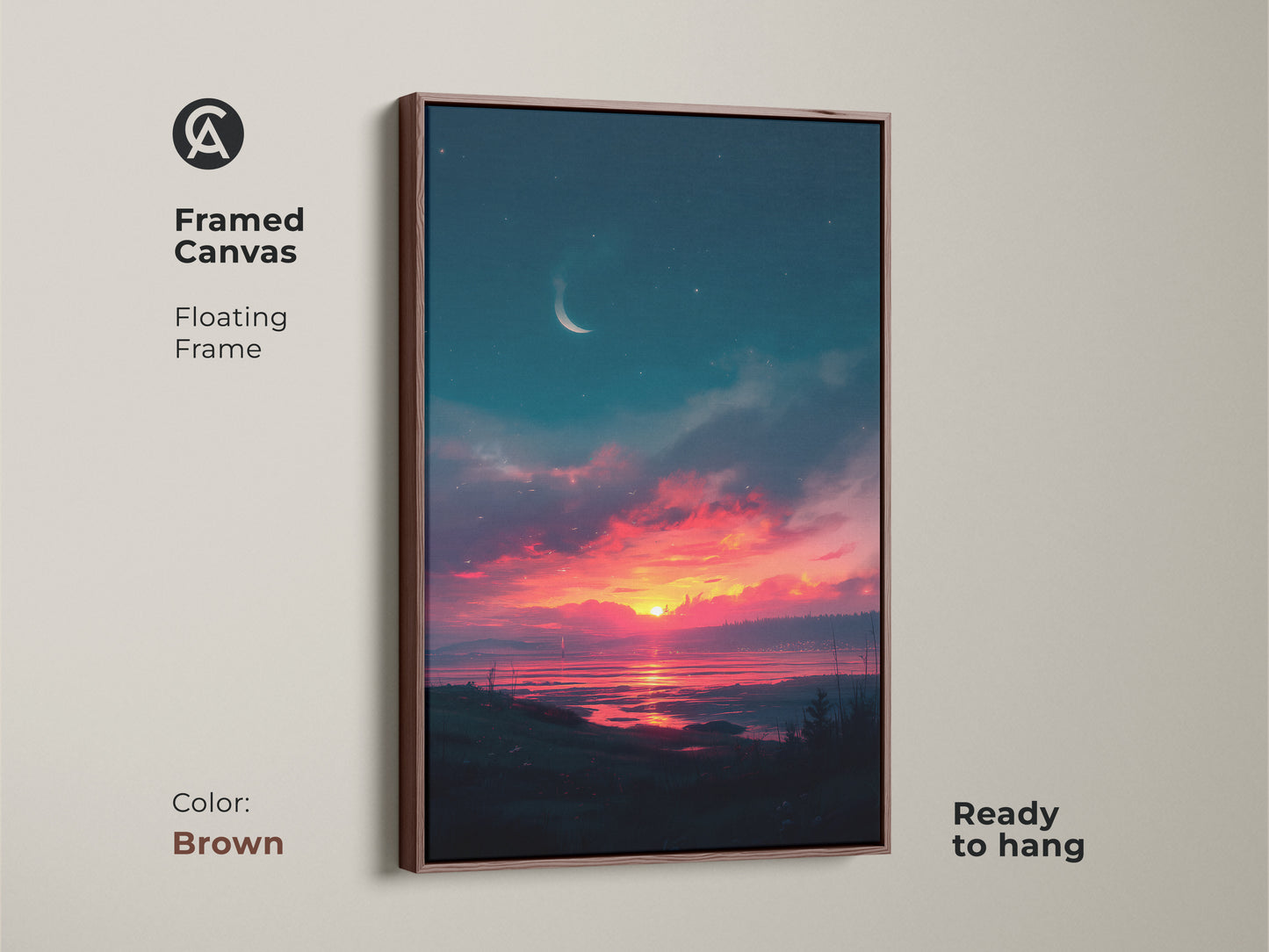 Elevate your interior with this framed sunset canvas. The brown floating frame complements the artwork and enhances its beauty. Ready to hang this piece and transform your living space. Experience the calming effect of this vibrant sunset landscape. Perfect wall decor.