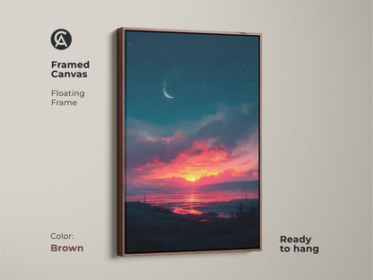 Elevate your interior with this framed sunset canvas. The brown floating frame complements the artwork and enhances its beauty. Ready to hang this piece and transform your living space. Experience the calming effect of this vibrant sunset landscape. Perfect wall decor.