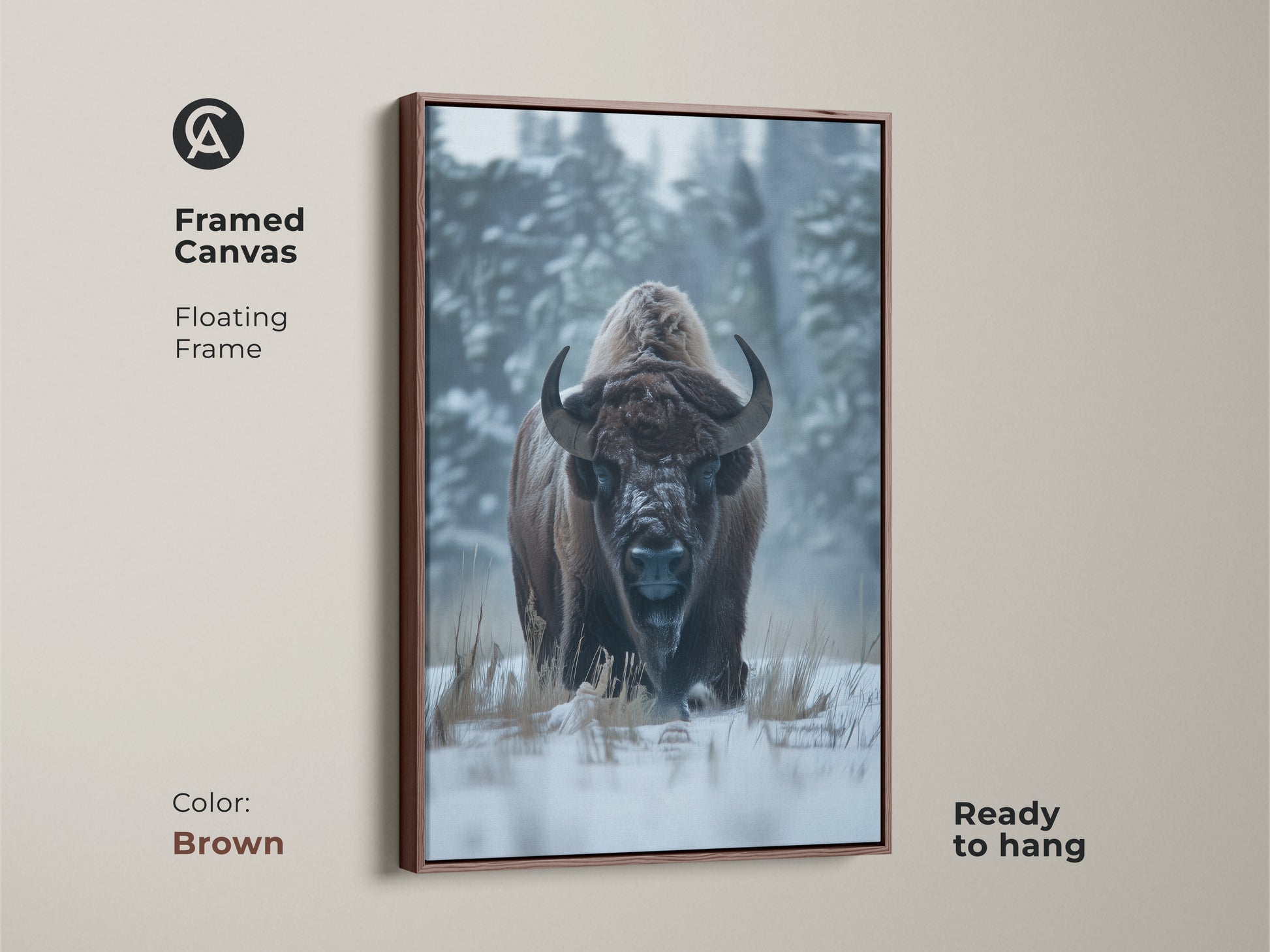 Framed canvas artwork of a bison in a winter scene. The floating frame is brown. This art piece is ready to hang. This wildlife art print brings a natural touch to your home decor. Perfect for living rooms or offices. Add warmth and style today.