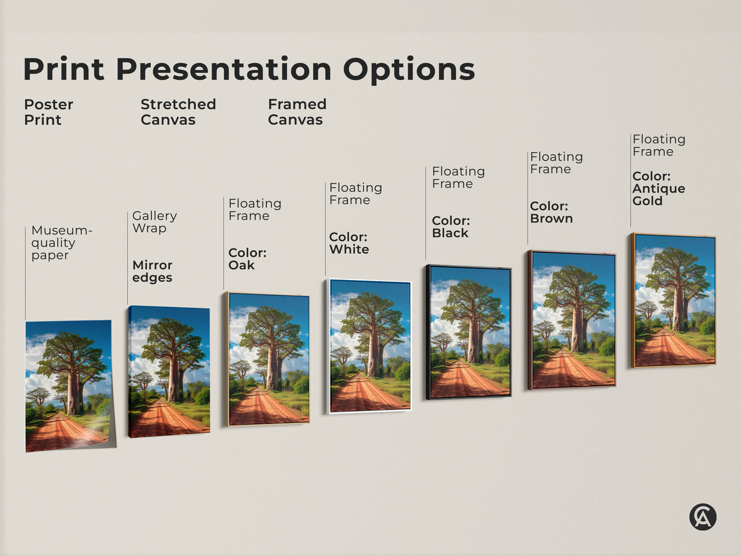 Print presentation options for African Savanna landscape art. See poster print stretched canvas and framed canvas examples. Floating frame options include oak white black brown and antique gold. The canvas features a Baobab tree.