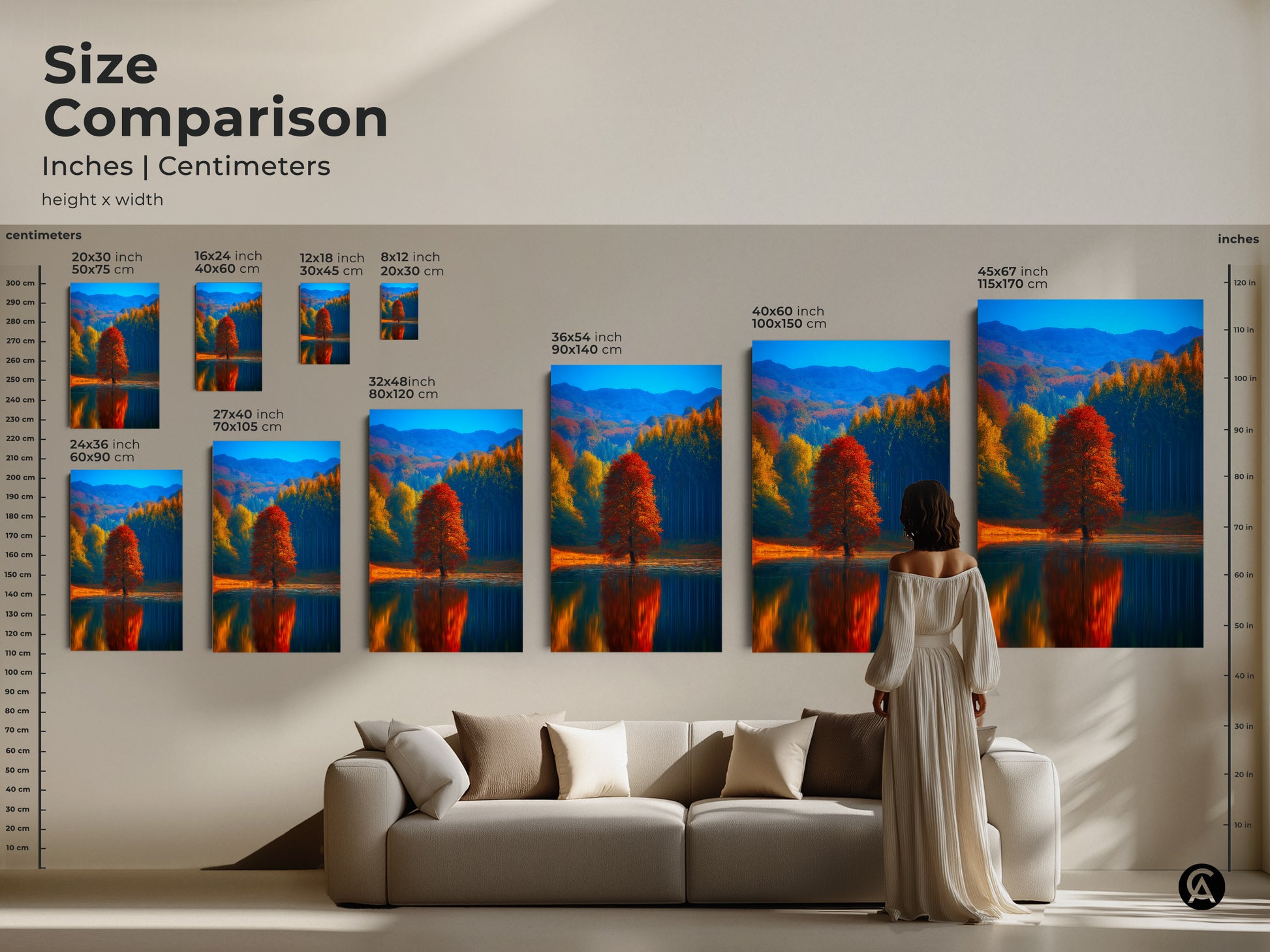 Size comparison showcasing autumn lake landscape artwork in inches and centimeters. The red tree reflection wall art is displayed in various sizes. See how each print fits above a sofa. Choose the ideal nature artwork for your living room. Large sizes make a statement.