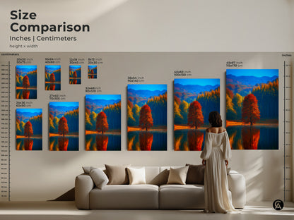 Size comparison showcasing autumn lake landscape artwork in inches and centimeters. The red tree reflection wall art is displayed in various sizes. See how each print fits above a sofa. Choose the ideal nature artwork for your living room. Large sizes make a statement.