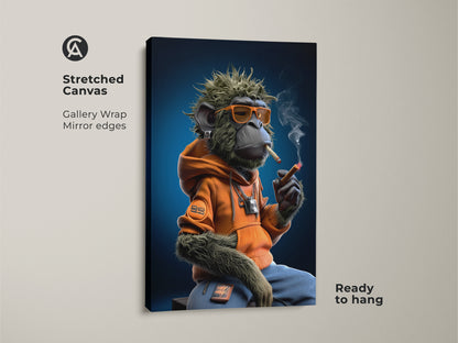 This is a stretched canvas of a graffiti monkey art print. The urban street art canvas features a monkey in an orange hoodie smoking. Its ready to hang. This eclectic home decor is a cool hip hop fan gift.