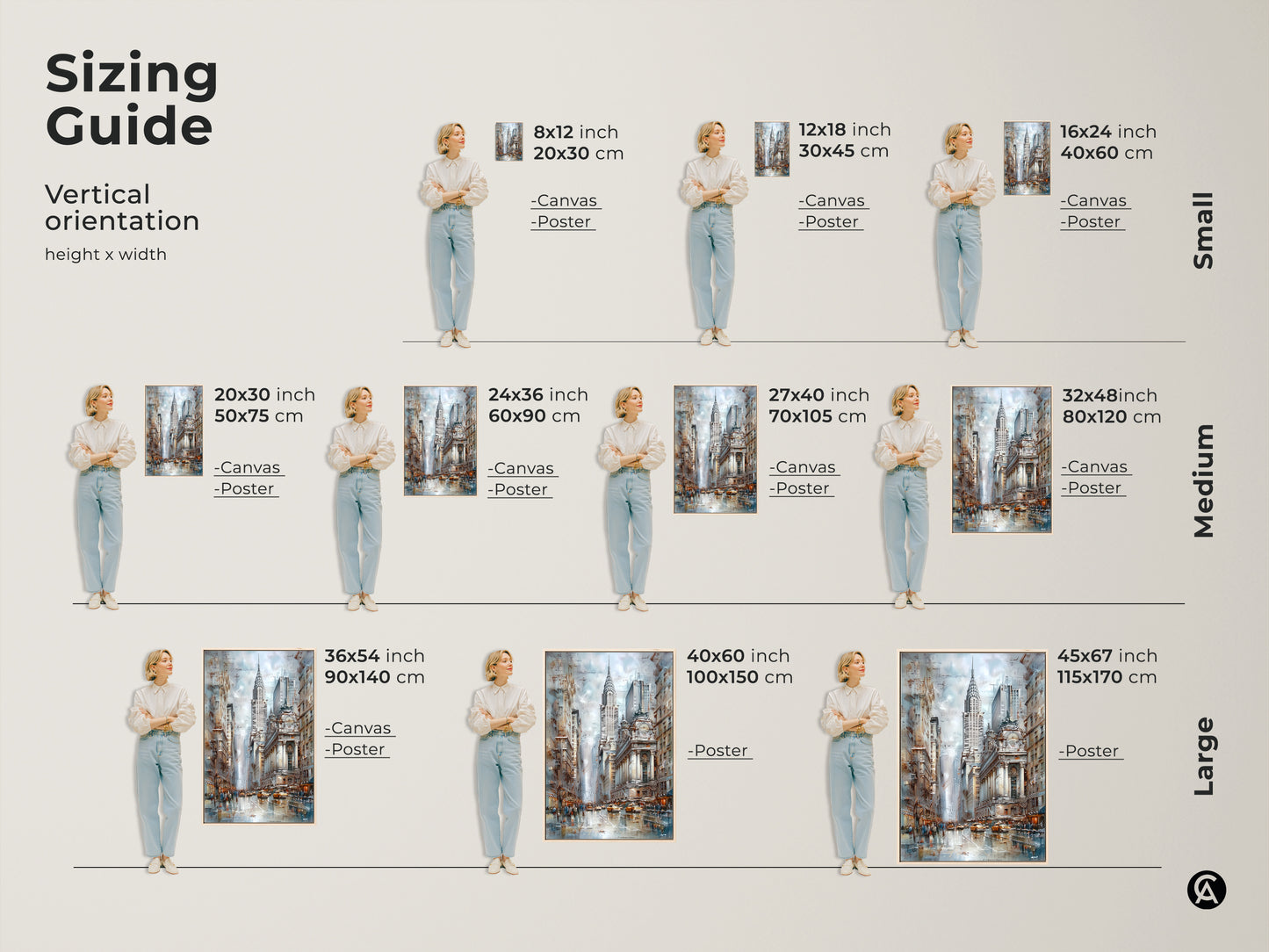 Sizing guide for the vertical orientation art print. View the Chrysler Building skyline canvas wall art in various sizes. Ranging from small to large. Available as a canvas or poster.