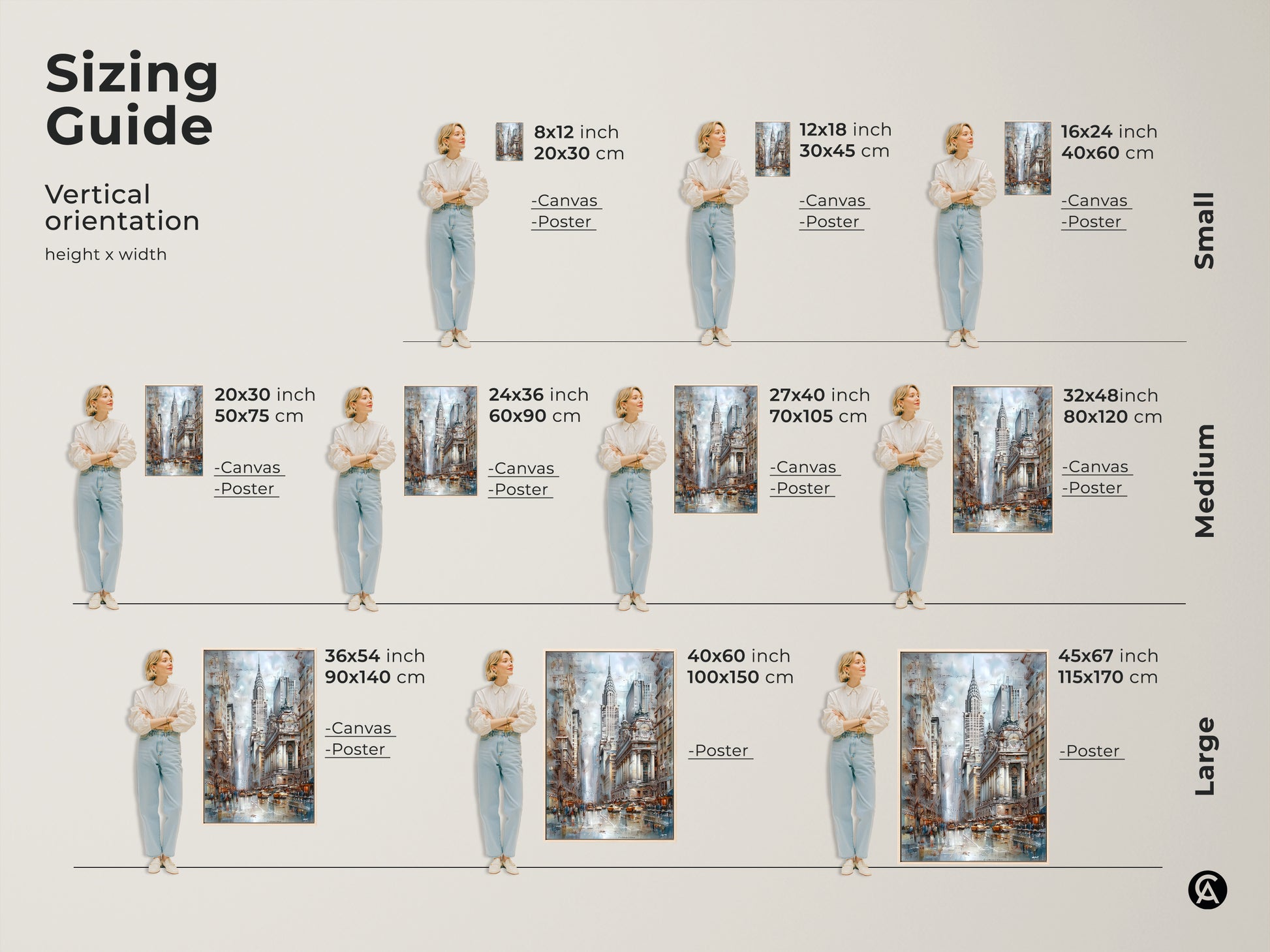 Sizing guide for the vertical orientation art print. View the Chrysler Building skyline canvas wall art in various sizes. Ranging from small to large. Available as a canvas or poster.