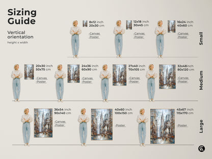Sizing guide for the vertical orientation art print. View the Chrysler Building skyline canvas wall art in various sizes. Ranging from small to large. Available as a canvas or poster.