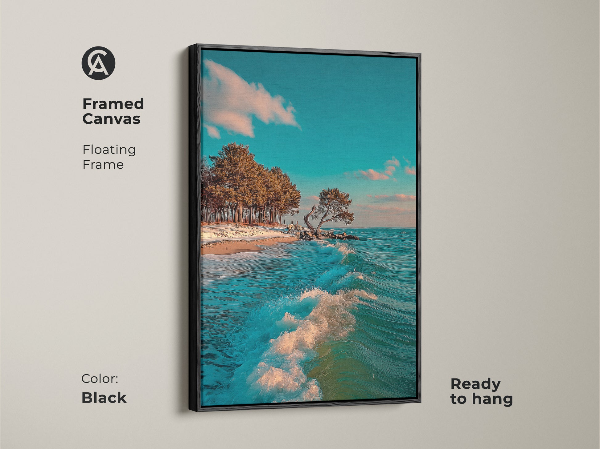 Framed canvas art featuring a teal blue ocean wave. Coastal beach landscape artwork with a black floating frame. This ready to hang artwork is perfect for bedrooms. The seaside trees wall decor brings a calming touch to any space. A thoughtful housewarming gift for beach lovers.