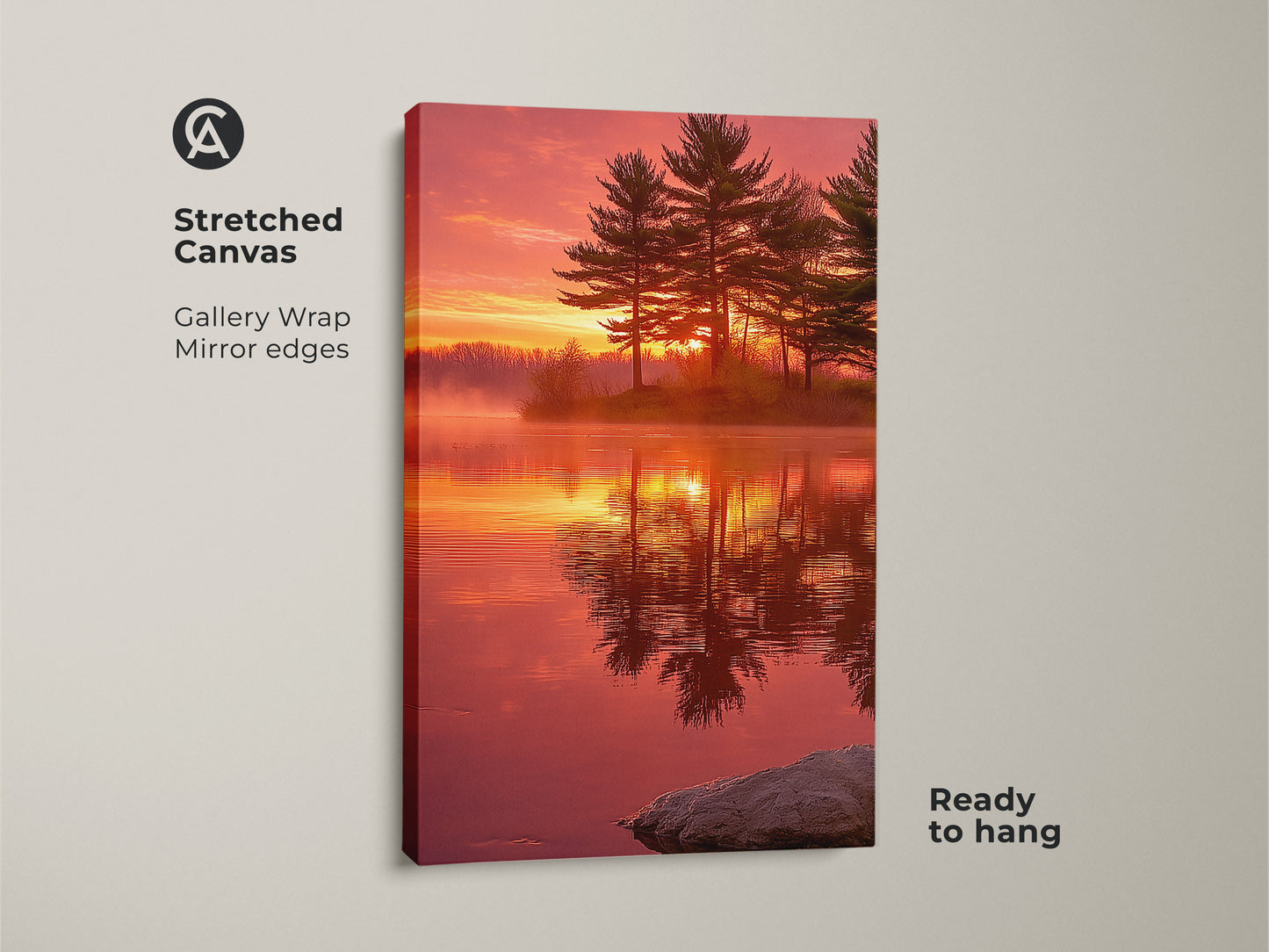 Stretched canvas of a sunset lake art print with pine trees. The gallery wrap features mirror edges for a seamless look. This nature photography wall art is ready to hang. The golden hour scenic print adds warmth. It's a perfect housewarming gift.