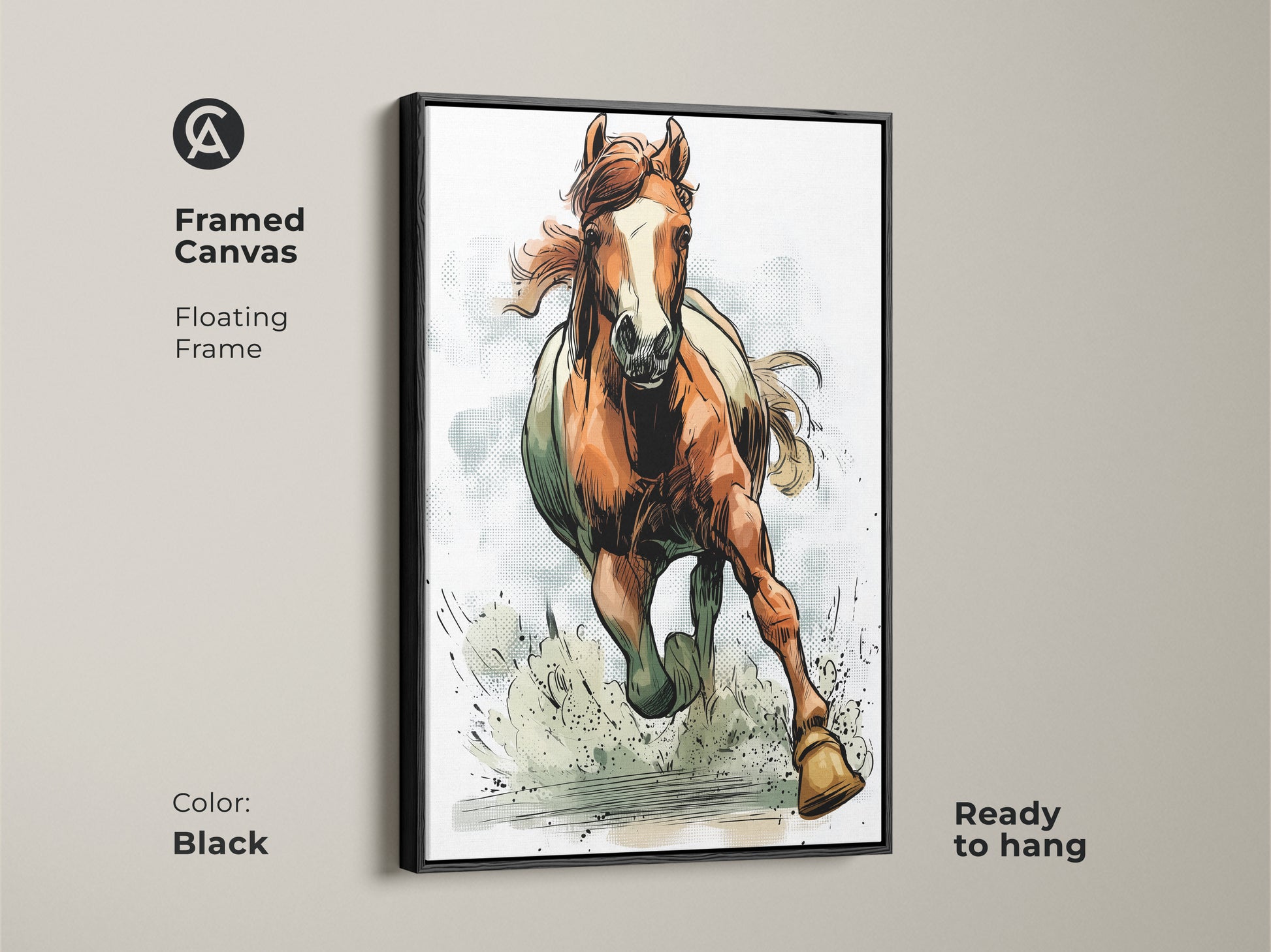 Framed Canvas features rustic horse art print. The equestrian wall decor includes a running wildlife animal painting. This orange brown artwork is ready to hang in a black floating frame. The dynamic horse painting adds a touch of the wild. A stylish piece for horse themed room decor.