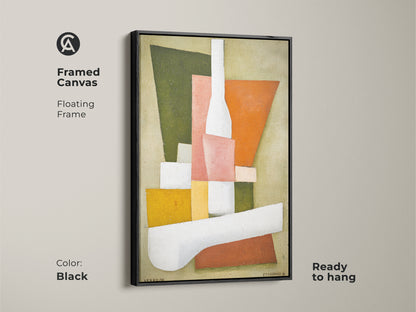 Framed canvas featuring mid-century modern abstract geometric artwork. The black floating frame enhances the orange pink and green hues. Ready to hang as dining room or home office wall decor. Cubist style poster brings vintage modern art to any space.