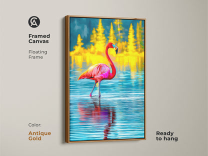Framed canvas art featuring a pink flamingo in blue water. This tropical bird wall art has a floating frame and is ready to hang. The antique gold frame adds a touch of elegance. Perfect for eclectic home decor and nature wall hangings.