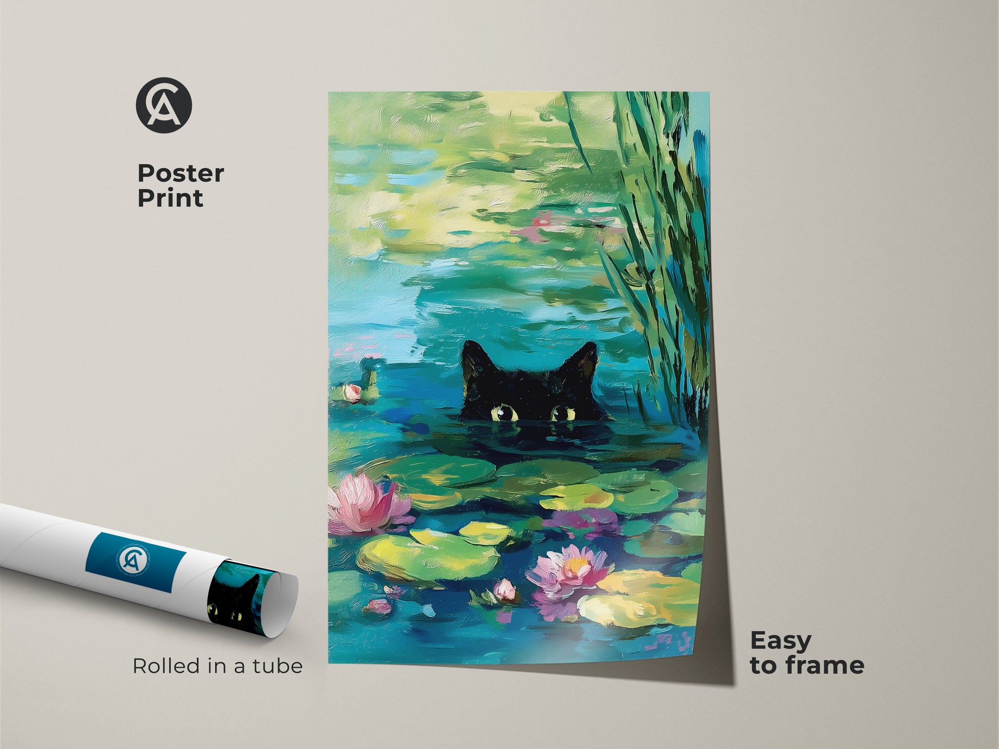 Poster print of a black cat art piece in a pond. The poster is rolled in a tube and easy to frame. The artwork features a cat among water lilies creating a whimsical scene. This poster print is a great addition to any home.