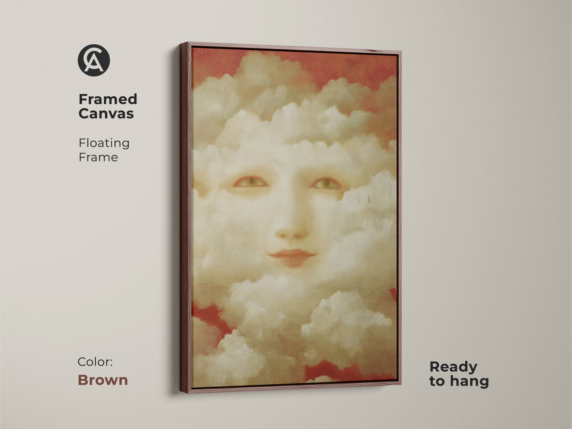 The surreal face emerges from dreamy clouds. Celestial and figurative elements blend. The primary palette is terracotta and gold. Accented by cream. This piece evokes wonder and imagination.