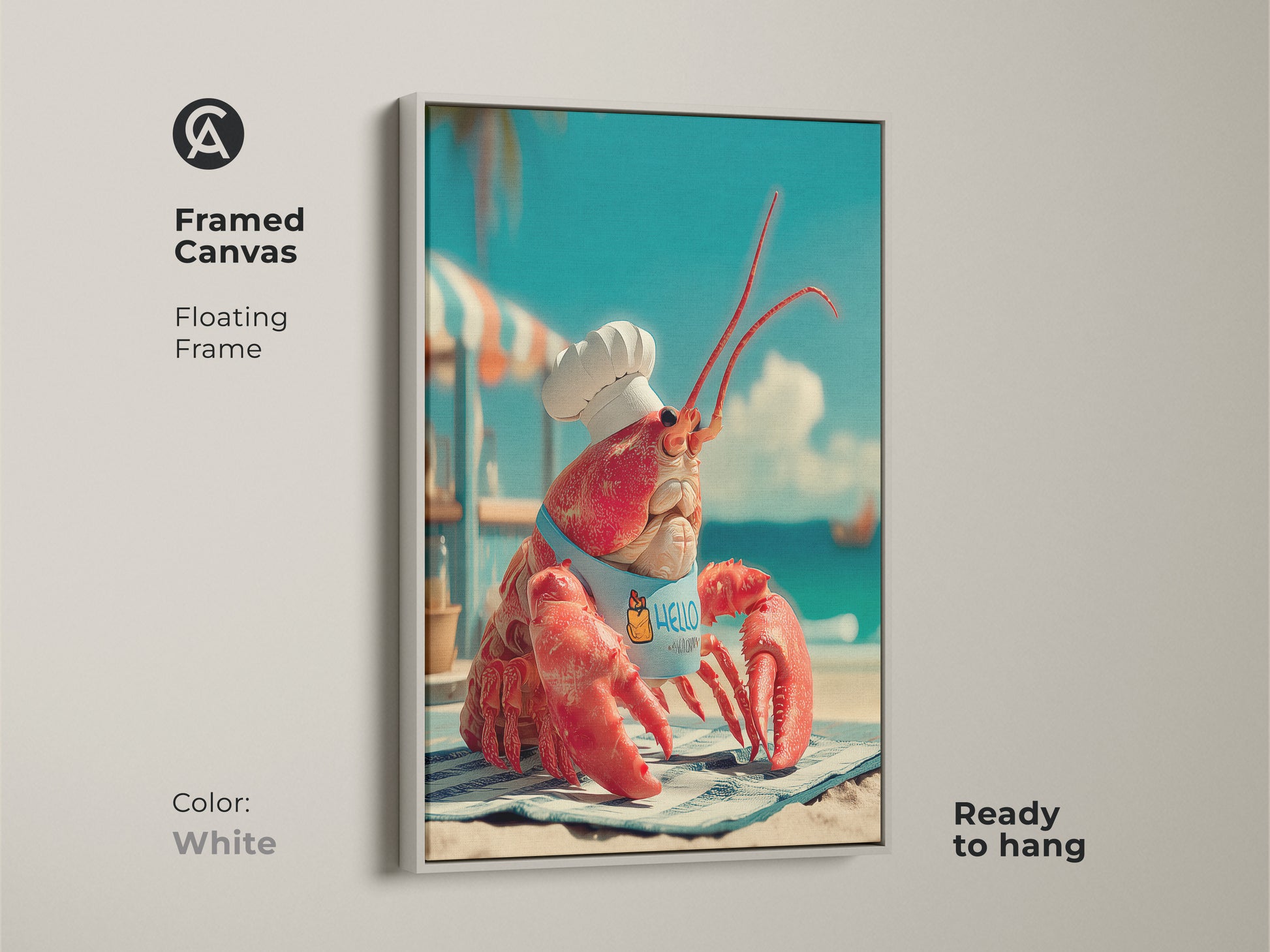 White framed canvas art featuring a lobster chef. This floating frame enhances the artwork of a lobster wearing a chef's hat and apron. Ready to hang this piece adds a fun nautical touch. The white frame provides a bright clean look.