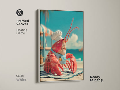 White framed canvas art featuring a lobster chef. This floating frame enhances the artwork of a lobster wearing a chef's hat and apron. Ready to hang this piece adds a fun nautical touch. The white frame provides a bright clean look.