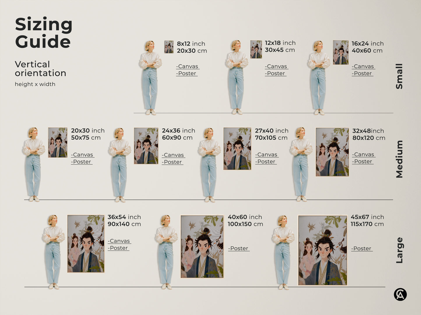 Sizing guide of the traditional Chinese couple art print. Vertical orientation height by width. Small medium and large sizes are available for canvas and poster options. The art print is beige blue and green eclectic wall decor.