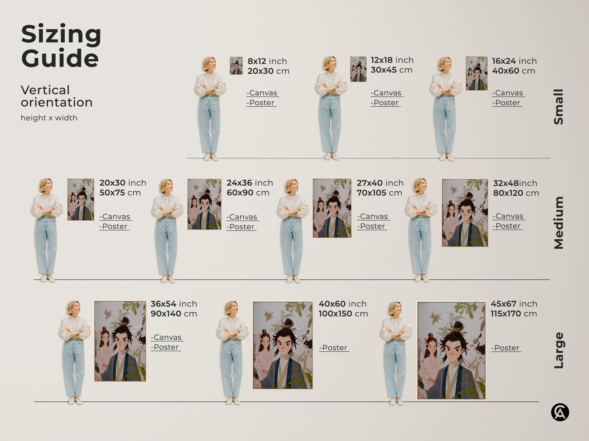 Sizing guide of the traditional Chinese couple art print. Vertical orientation height by width. Small medium and large sizes are available for canvas and poster options. The art print is beige blue and green eclectic wall decor.