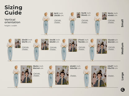 Sizing guide of the traditional Chinese couple art print. Vertical orientation height by width. Small medium and large sizes are available for canvas and poster options. The art print is beige blue and green eclectic wall decor.